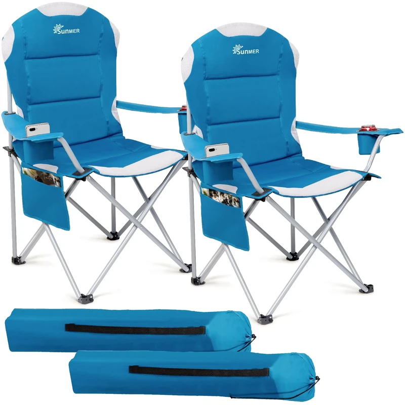 SUNMER Padded Camping Chairs - Set of 2 Deluxe Folding Chairs with Cup Holder and Side Pockets, Holds up to 120kg - Lightweight 3.3kg per Chair - Blue
