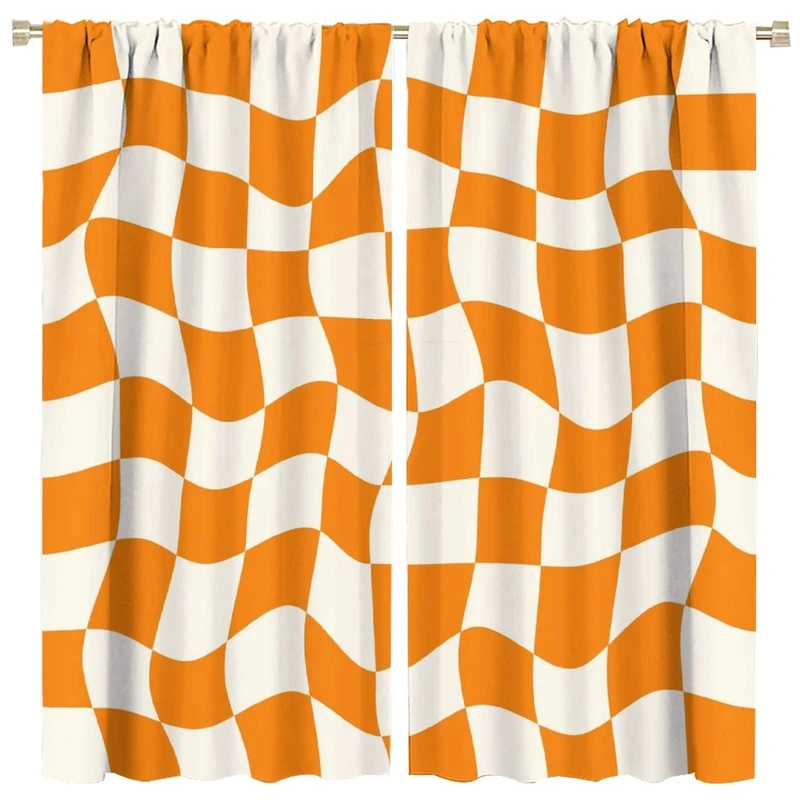70s 80s Retro Checkerboard Curtains,Abstract Wavy Hippie Funky Modern Style Room Darkening Door Window Rod Pocket Curtain for Living Room Bedroom Kitchen Bathroom W52xL84in