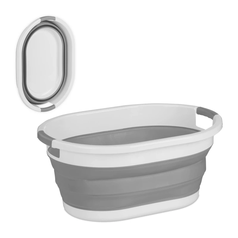 Relaxdays Laundry Basket Foldable, 24 litres, Plastic Tub, Space-Saving Folding with Handles, Grey and White, 24 x 53 x 38 cm