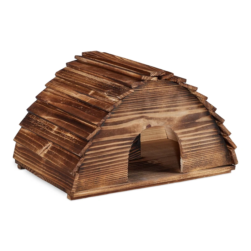 Relaxdays Hedgehog House, Flamed, Pet Hotel with Floor, Cat-Proof, Winter Quarters, Garden, HxWxD: 25x40x30 cm, Brown, Wood, 25 x 40 x 30 cm - Image 1