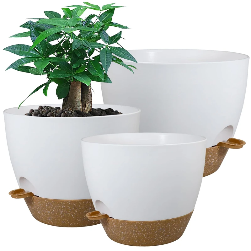 UOUZ Large Self Watering Pots, 12/10/9 Plastic Planters with High Drainage Holes and Deep Reservoir for Indoor Outdoor Garden Plants and Flowers, White with Brown