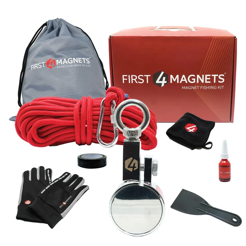 440kg Pull - Orion Magnet Fishing Kit with Super High Power 65mm Neodymium Clamp Magnet | Gloves, Thread Locker, 20M Rope, Cloth, Bag, Tape and Branded Box | Recovery & Treasure Hunting