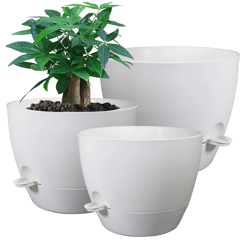 UOUZ Self Watering Pots, 12/10/9 Plant Pots with Deep Reservoir for Indoor Plants, White