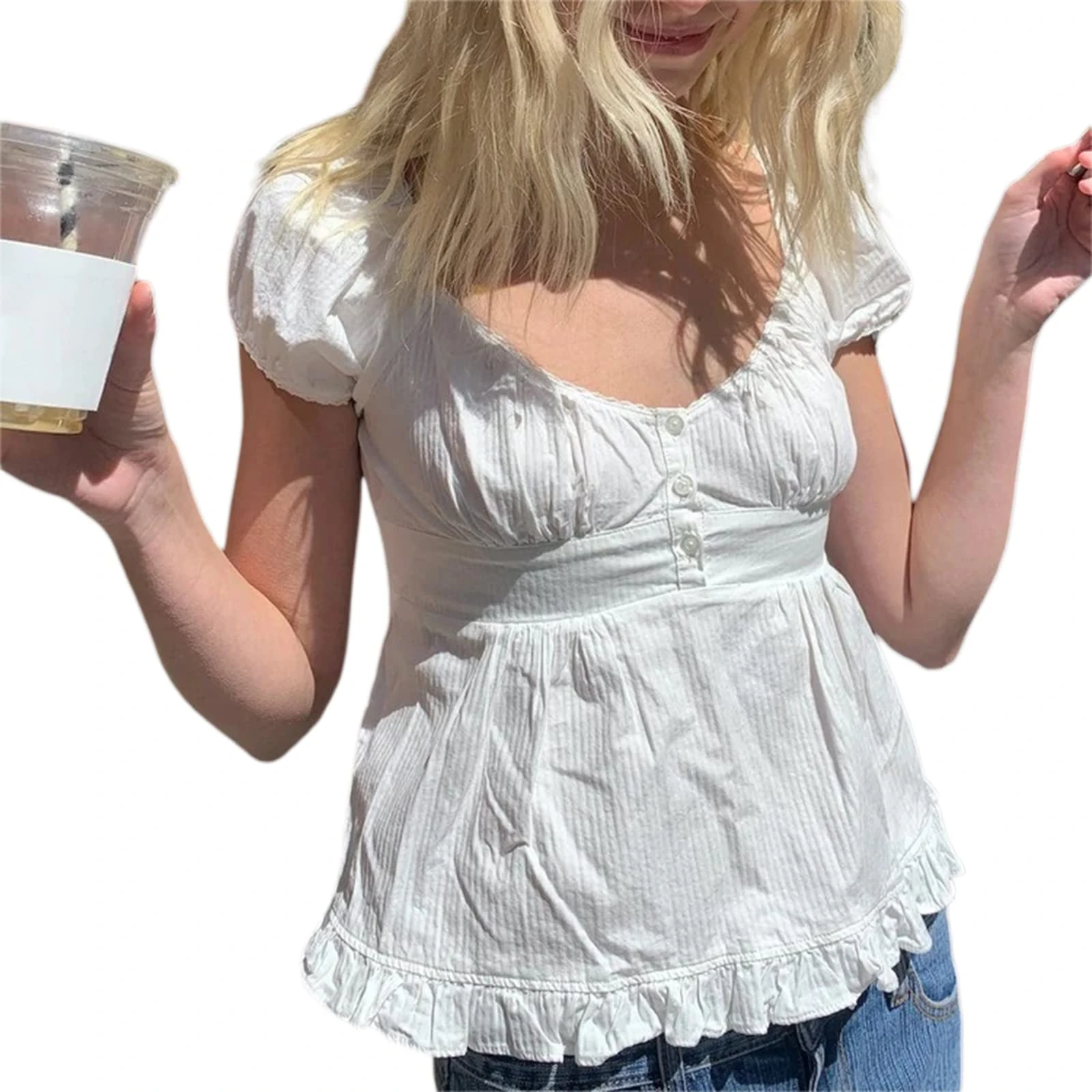 Womens Ruffle Y2K Top Puff Short Sleeve Square Neck Blouse T-Shirt Summer Fairy Grunge Aesthetic Vintage 90s Fashion Milkmaid Crop Top (A 01- White, S)