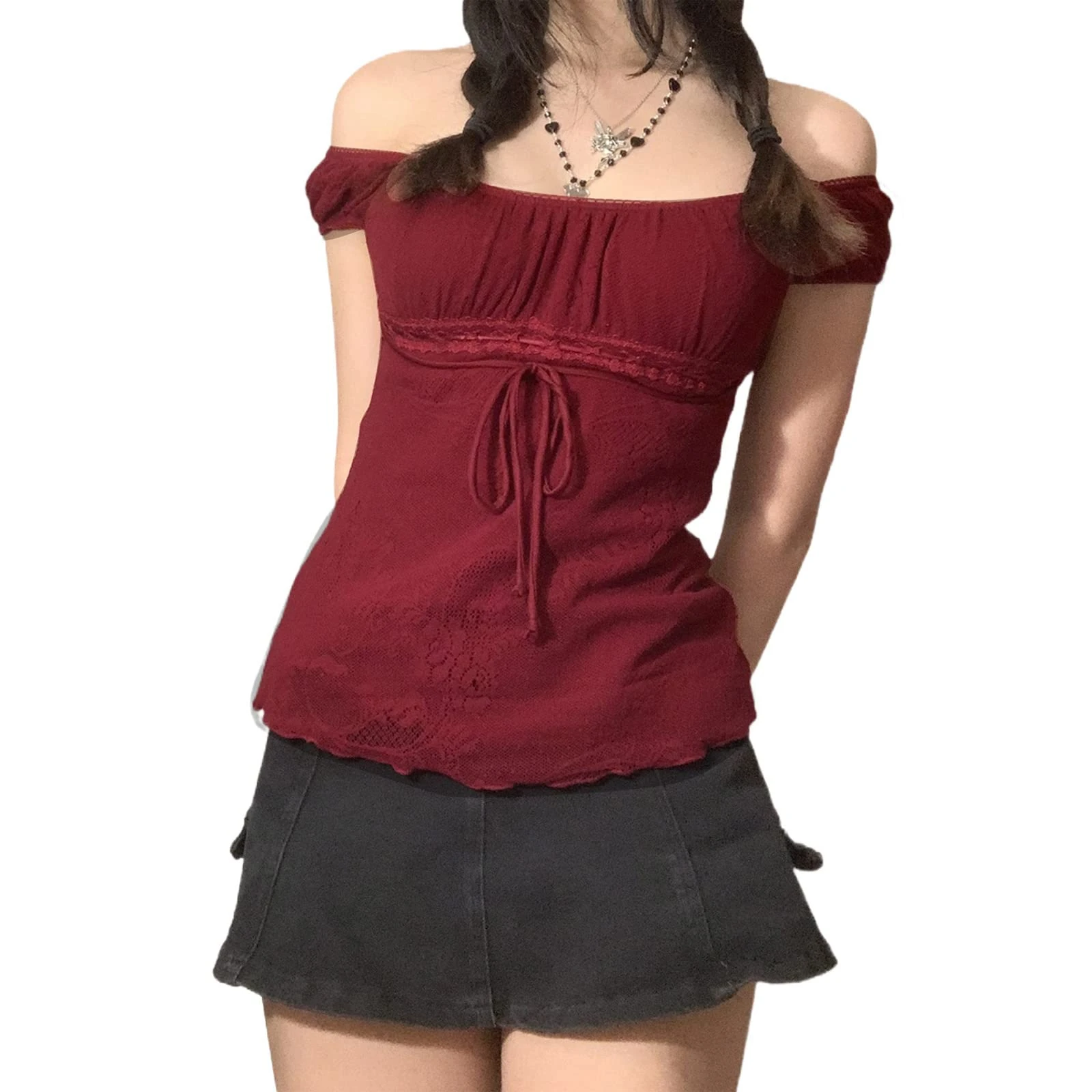 Womens Ruffle Y2K Top Puff Short Sleeve Square Neck Blouse T-Shirt Summer Fairy Grunge Aesthetic Vintage 90s Fashion Milkmaid Crop Top (D 01- Red, S)