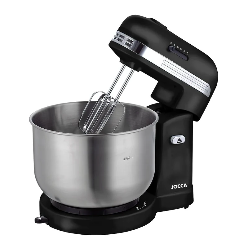 JOCCA - 350W Respostery mixer with friction auto-rotation, 5 speeds, 3.5L stainless steel bowl, Knead, Bat, Emulsify, Rods and chrome mixer (black)