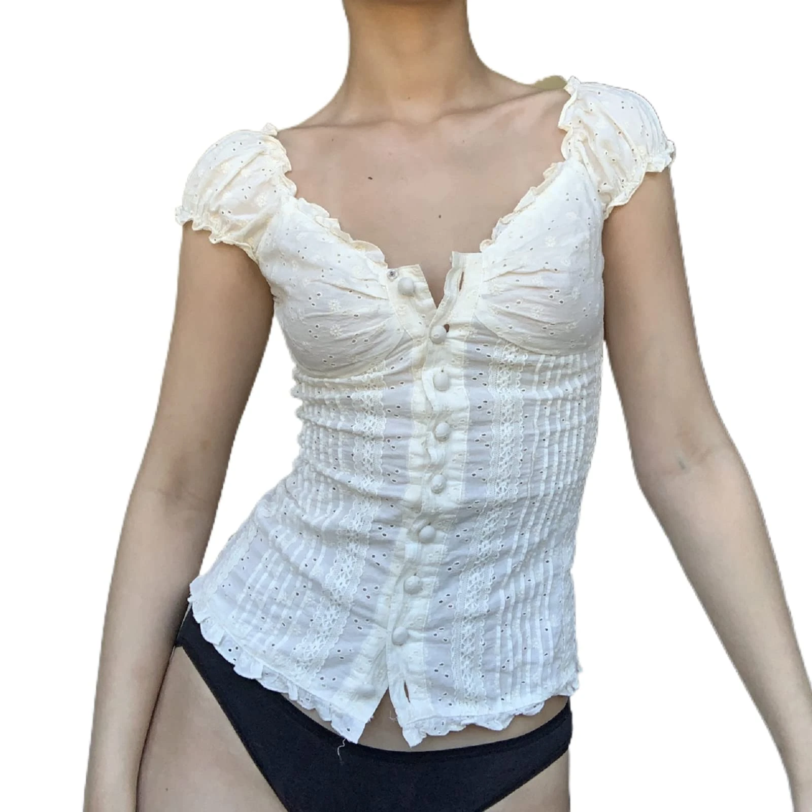 Geagodelia Womens Ruffle Y2K Top Puff Short Sleeve Square Neck Blouse T-Shirt Summer Fairy Grunge Aesthetic Vintage 90s Fashion Milkmaid Crop Top (B 01- White, S)