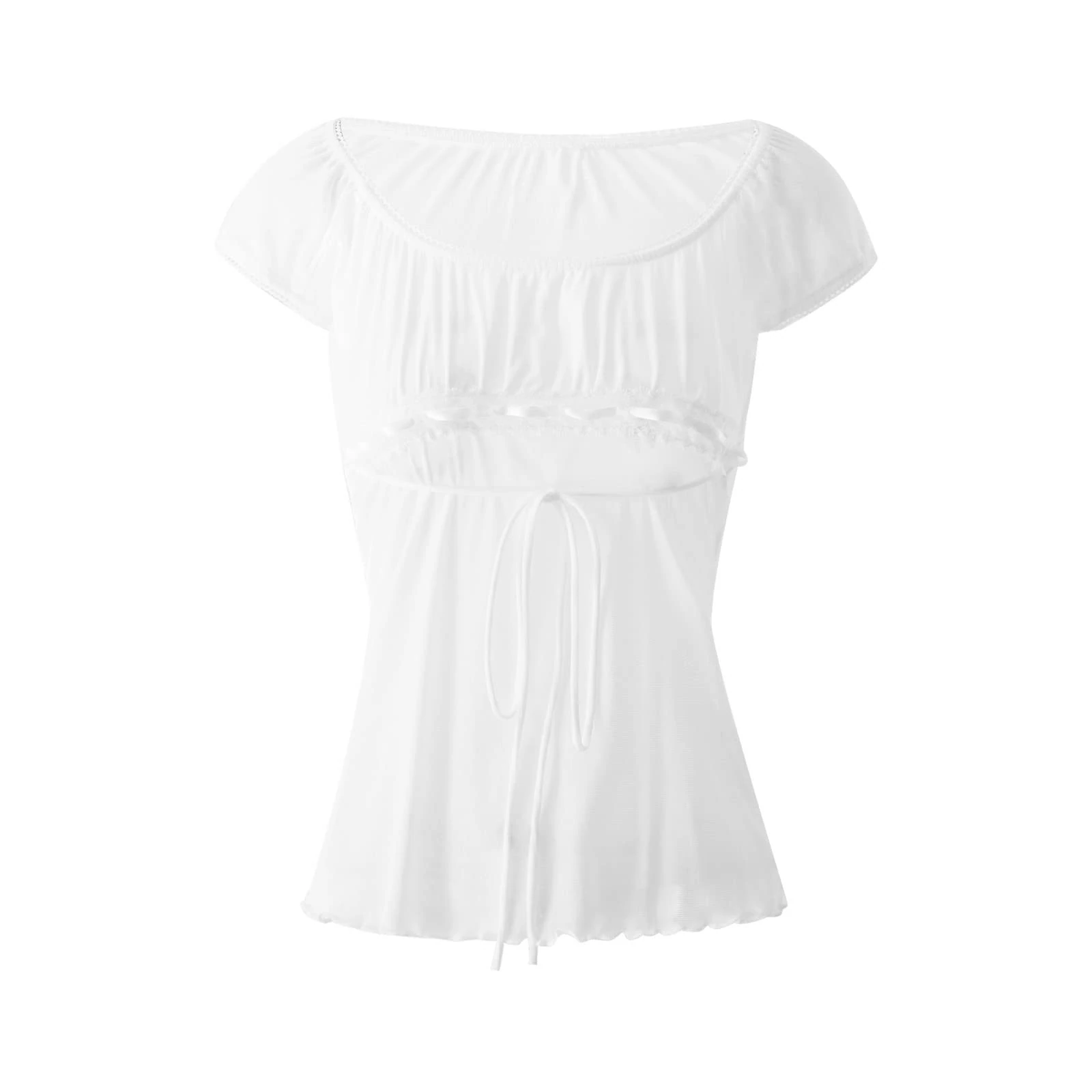 Womens Ruffle Y2K Top Puff Short Sleeve Square Neck Blouse T-Shirt Summer Fairy Grunge Aesthetic Vintage 90s Fashion Milkmaid Crop Top (D 01- White, S)