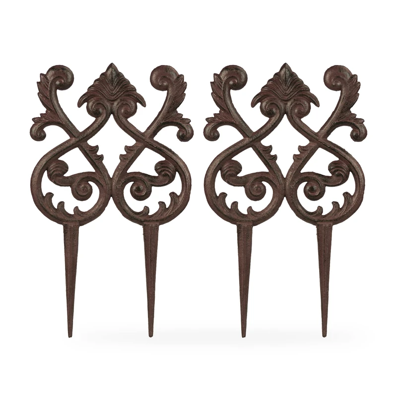 Relaxdays Garden Stakes, Cast Iron, Brown, 2pc - Vintage Design, Ornate Scrollwork