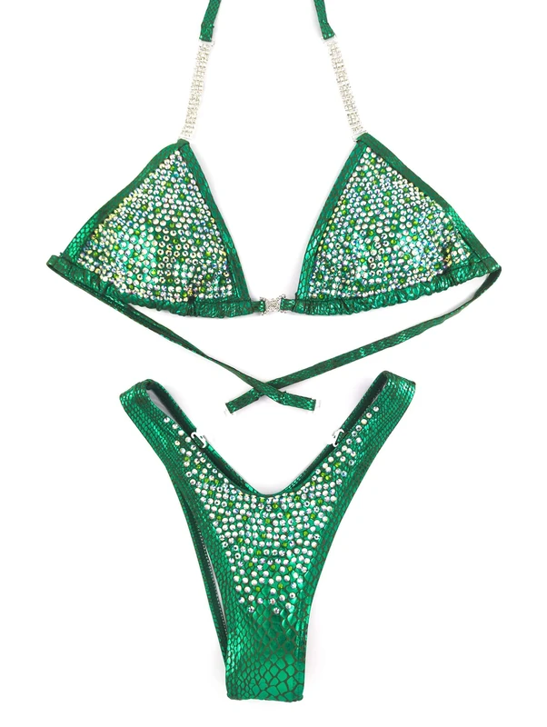 New, never worn figure, physique crystal stage/posing suit/competition bodybuilding bikini - Sexy green - Image 1