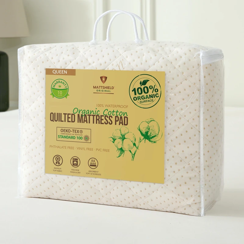 Luxury Quilted Waterproof Organic Mattress Pad Protector Queen 100% Organic Cotton Hypoallergenic Breathable Mattress Pad Cover - Premium 380 GSM Comfort - Fitted Allergy Shield, Ultimate Rest