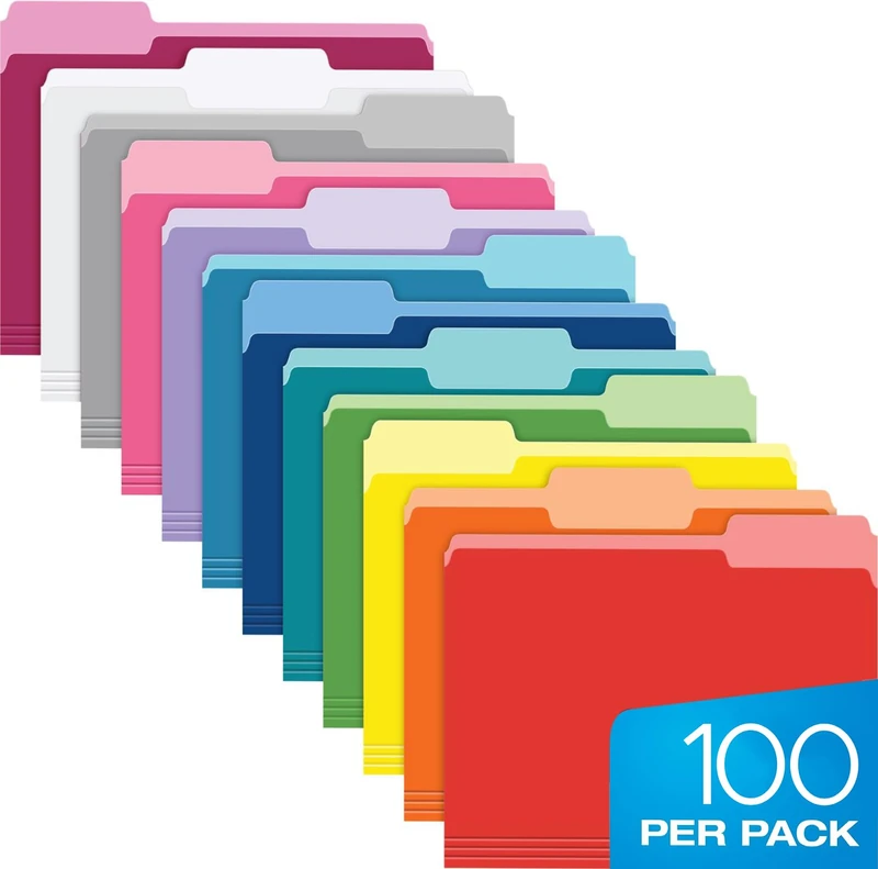 Pendaflex Colored File Folders Letter Size - 100 Pack of 12 Assorted Color Folders for Documents - 1/3-cut Tabs