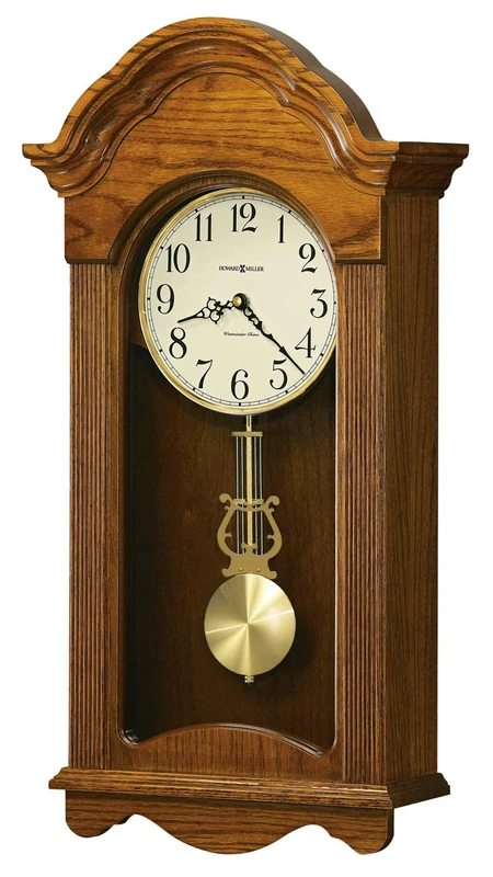 Howard Miller Cambria Wall Clock II 549-518 – Legacy Oak Finish Wood Frame, Vintage Home Decor, Brushed Brass Finished Pendulum, Quartz, Single-Chime Movement