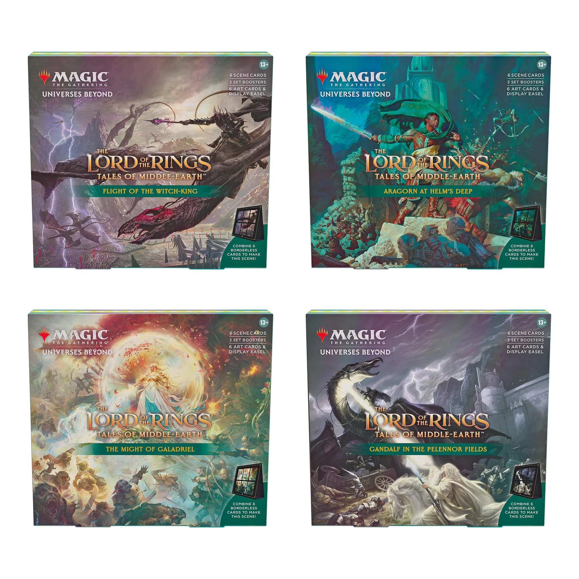Magic The Gathering The Lord of The Rings: Tales of Middle-Earth Scene Boxes - All 4 (Aragorn at Helm’s Deep, Flight of The Witch-King, The Might of Galadriel, and Gandalf in Pelennor Fields)