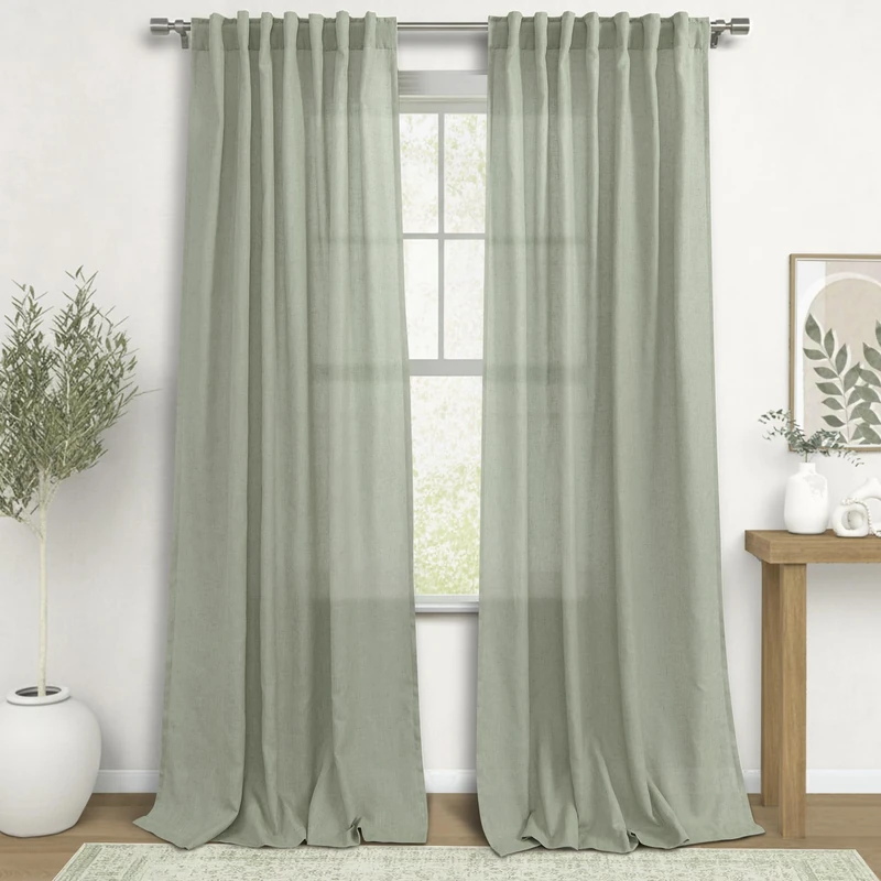KOUFALL Sage Green Curtains 96 Inches Long for Bedroom Windows,Back Tab Linen Fabric Muted Curtain for Living Room to Match Grey Sofa and Brown Furniture,Rod Pocket,Set of 2 Panels