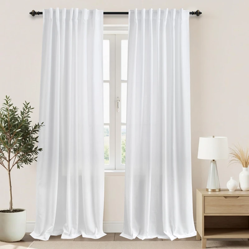 KOUFALL 90 Inch Curtains for Living Room,Sheer White Long Light Filtering Semi Privacy Polyester, Linen Curtain Drapes for Bedroom,90 in Length 2 Panels Set
