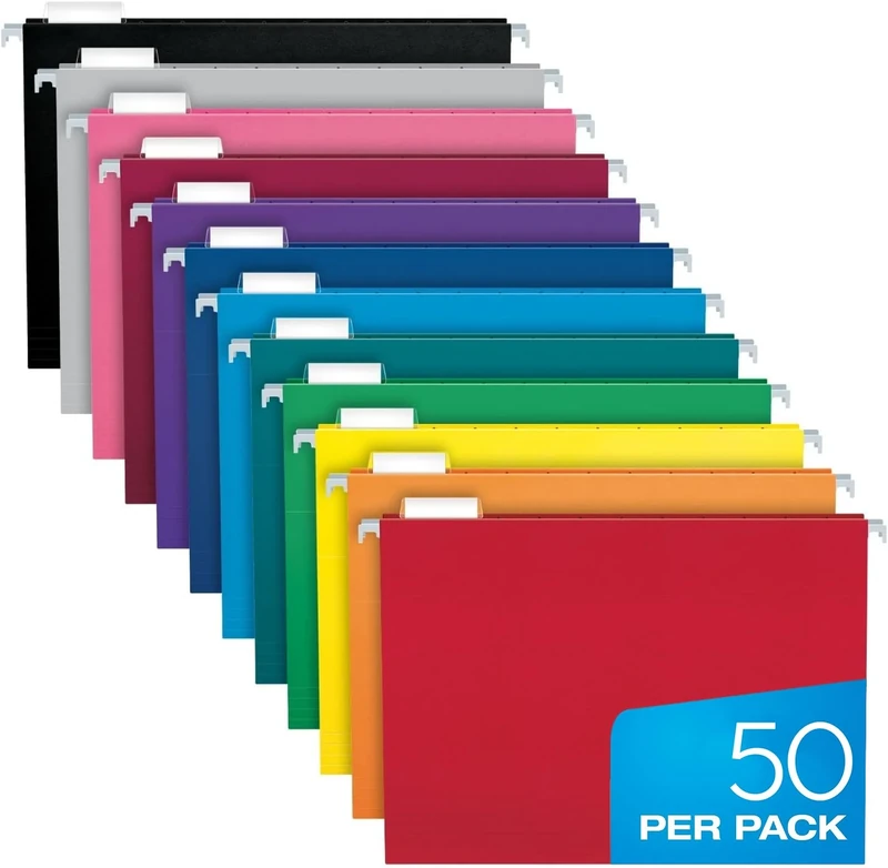Pendaflex Hanging File Folders Letter Size - 50 Pack of 12 Assorted Color File Folders - 1/5 Cut Adjustable Tabs - Bulk File Folders for Filing Cabinet with Tabs - Manilla File Folders 8.5 X 11