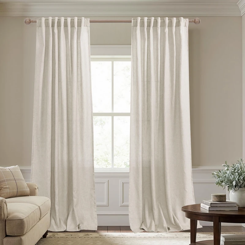 KOUFALL Tan Beige High Ceiling Curtain Drapes, Rod Pocket Back Tab Textured Linen Burlap Farmhouse Look Primitive Country Curtains for Living Room Bedroom,120 Inch Length