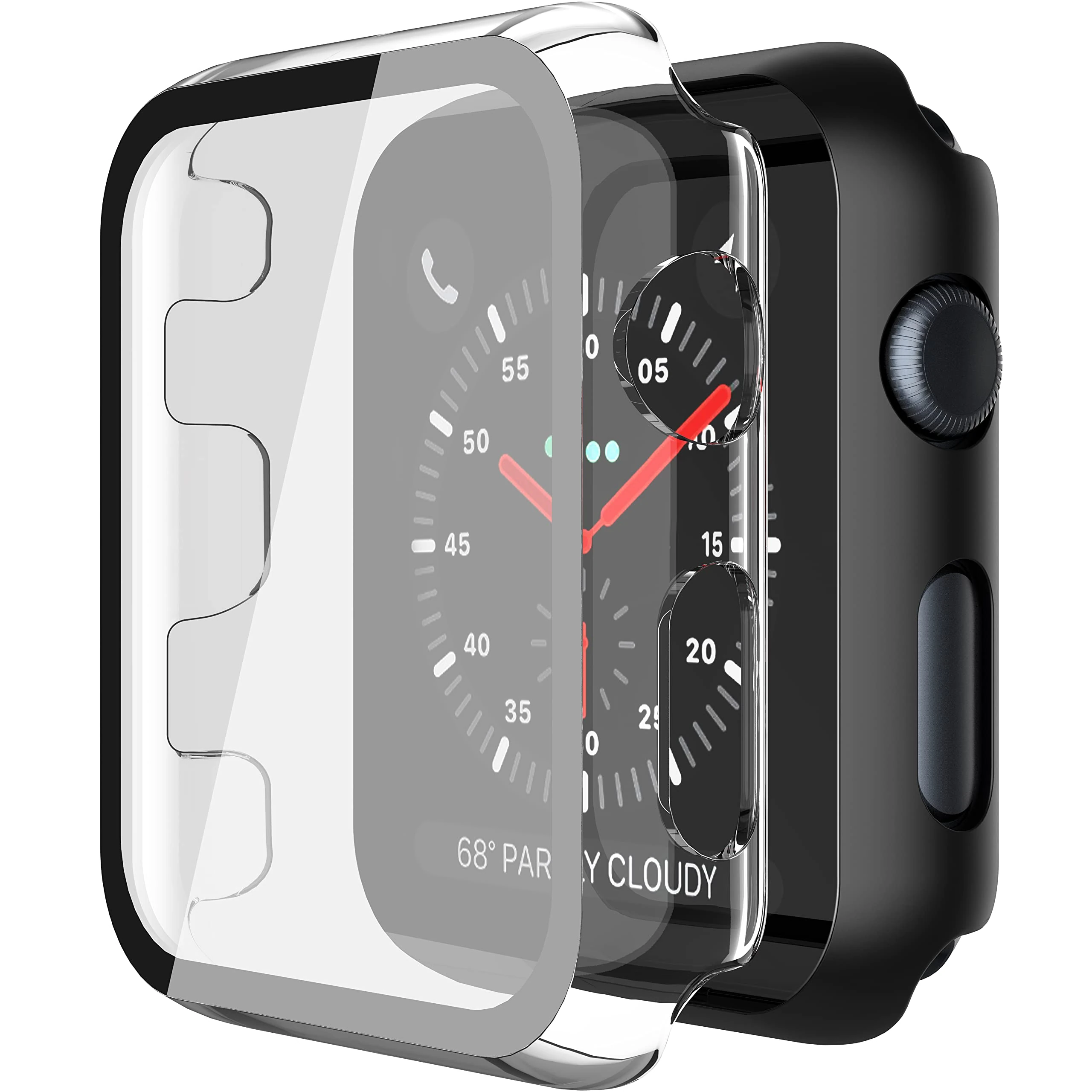 Piuellia 2 Pack Hard Case with Tempered Glass Screen Protector for Apple Watch Series 3 Series 2 38mm, Ultra-Thin Overall PC Protective Cover for iWatch, 1 Black + 1 Transparent