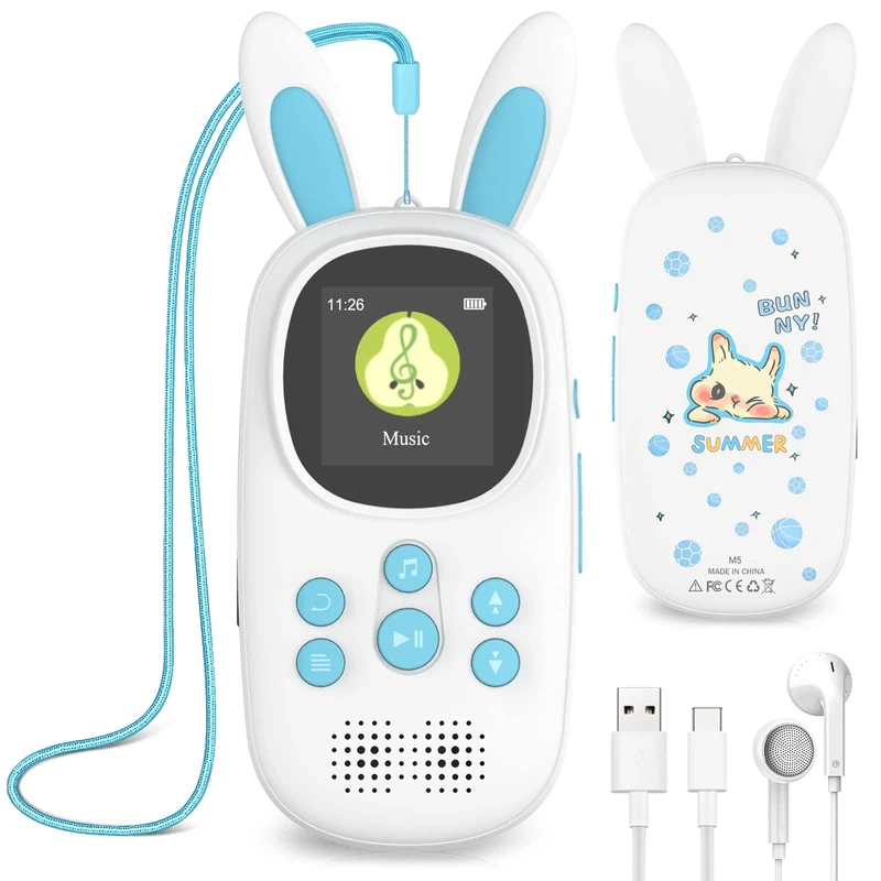 Kids MP3 Player, Cute Bunny Kids MP3 Player with Bluetooth, 32GB Kids Music Player, FM Radio Supported, Calendar, Alarm Clock, Pedometer, Stopwatch, Up to 128GB Blue