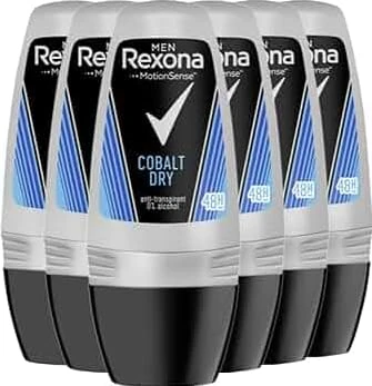 Rexona Men Maximum Protection Roll-On Deodorant Cobalt Dry Antiperspirant with Protection Against Heavy Sweating and Body Odour 50 ml Pack of 6