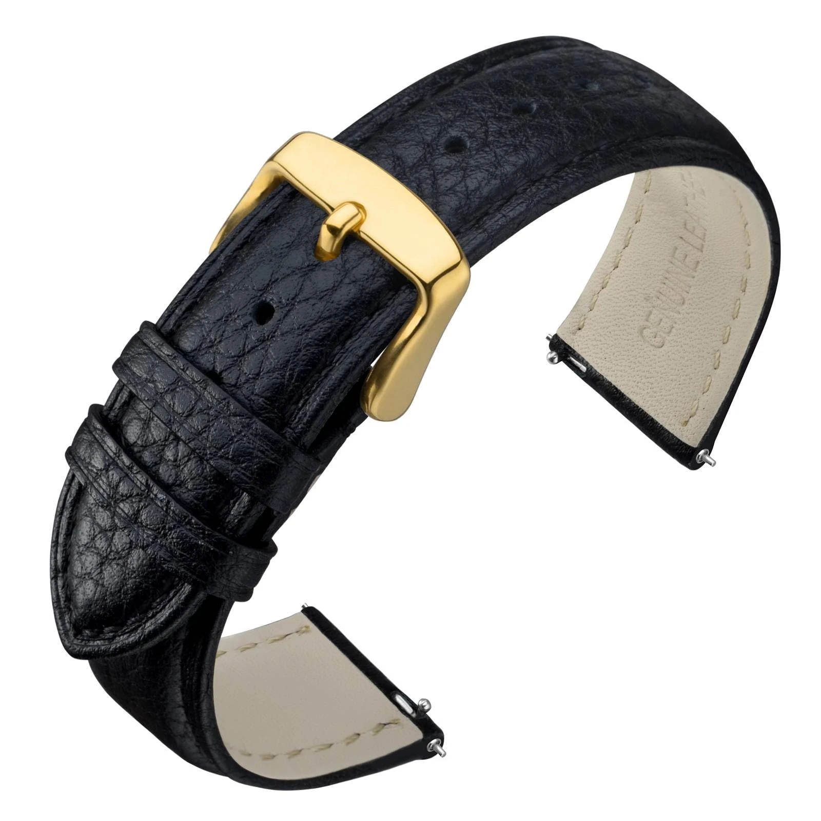 ANNEFIT Leather Watch Straps 16mm, Quick Release Textured Padded Replacement Band with Gold Buckle for Men and Women (Black)