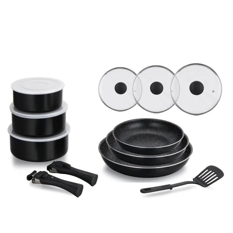 Herzberg - Stone-Coated cookware with Removable 8-Piece Handle Black HG8091-15-BK