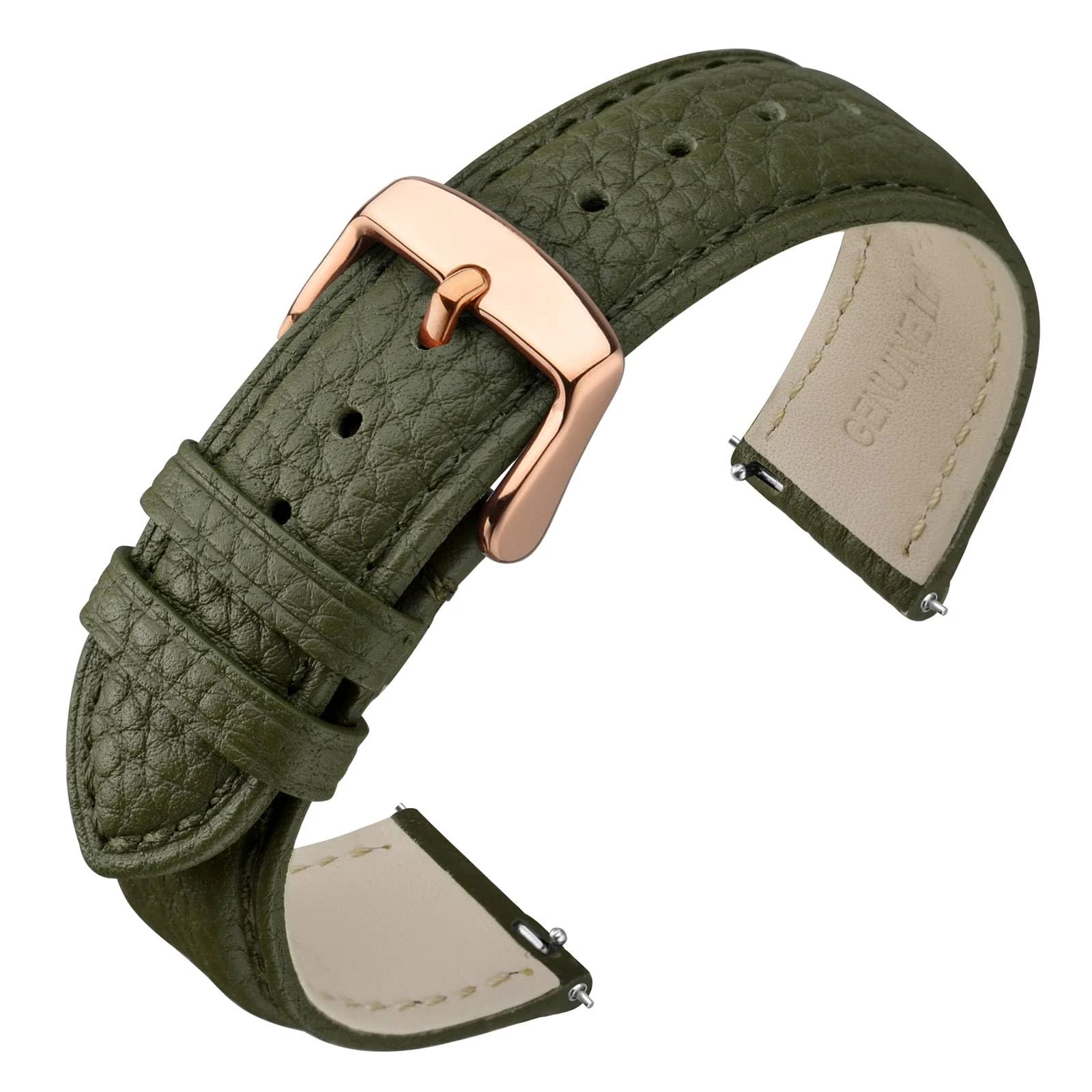 ANNEFIT Leather Watch Straps 19mm, Quick Release Textured Padded Replacement Band with Rose Gold Buckle for Men and Women (Army Green)