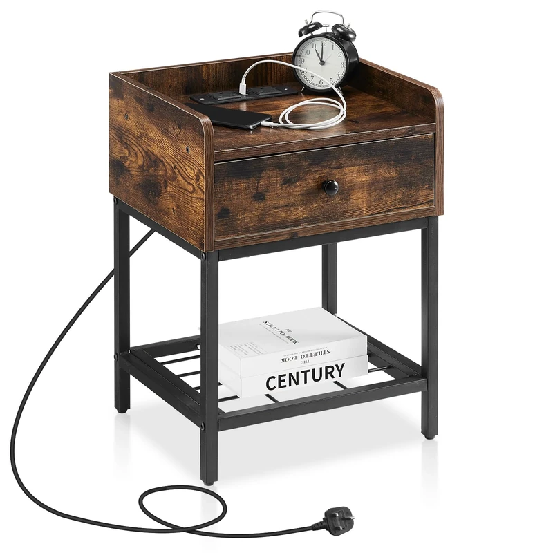 TUKAILAi Bedside Table with Charging Station, Industrial Nightstand Sofa Side Table with Storage Shelf, Drawer and Metal Frame Bedside Cabinet for Living Room, Bedroom, Rustic Brown