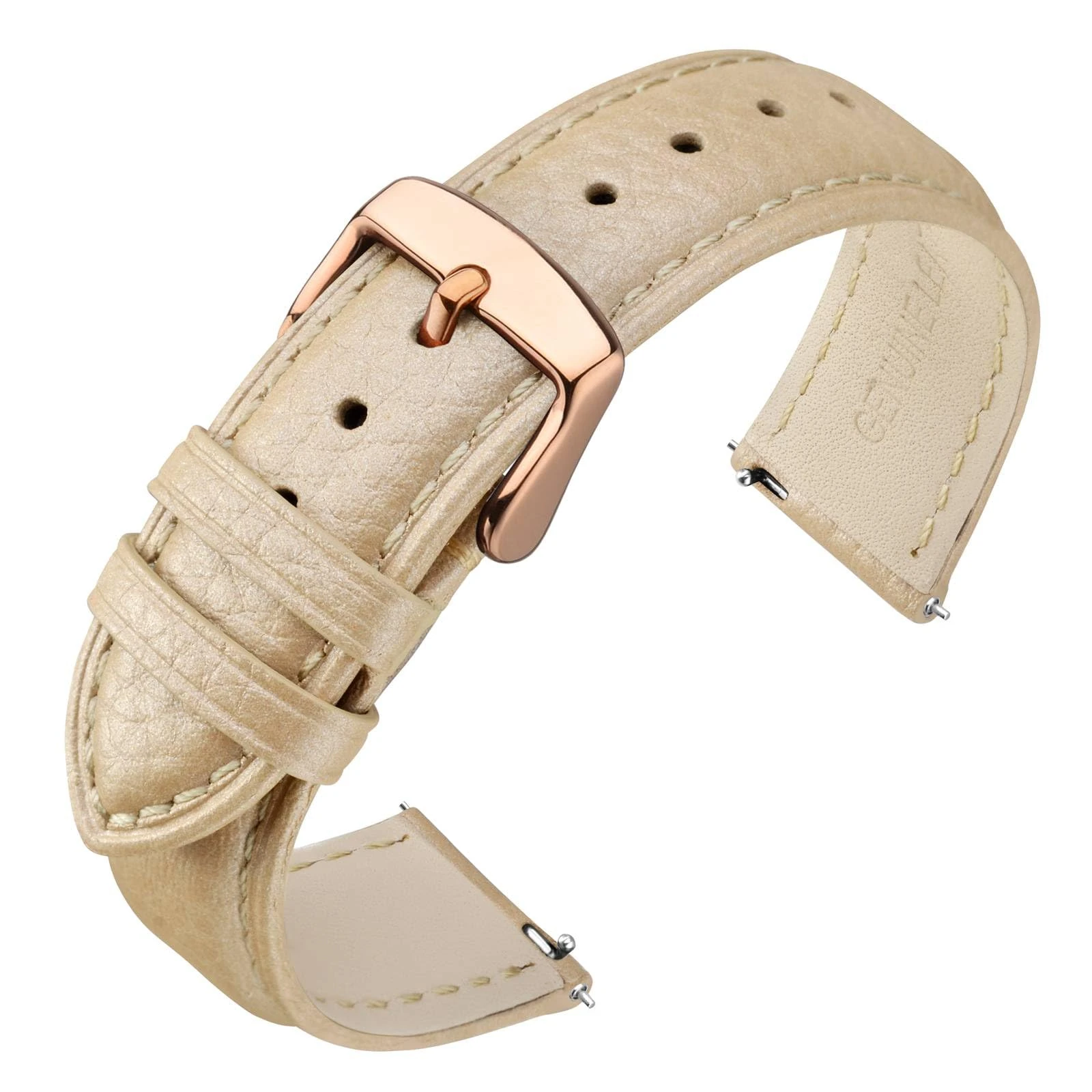 ANNEFIT Leather Watch Straps 19mm, Quick Release Textured Padded Replacement Band with Rose Gold Buckle for Men and Women (Gold)