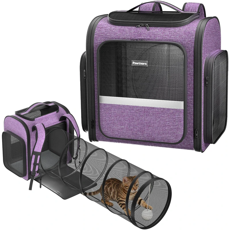 Pawtners Expandable Cat Carrier Backpack - Purple Pet Travel Bag