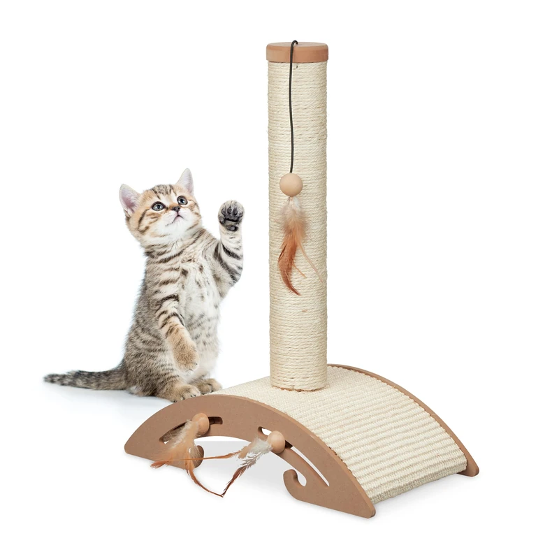 Relaxdays Cat Scratching Column, HxWxD: 52 x 42 x 22 cm, Scratch Post with Toy, Sisal Post & Scratching Board, Brown