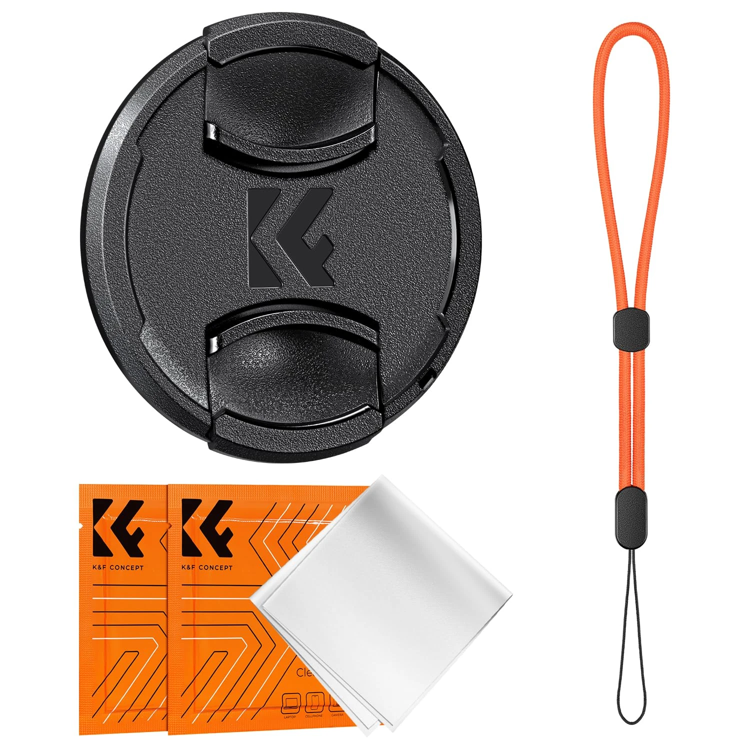 K&F CONCEPT 52MM Lens Cap Snap-on Front Camera Lens Cover + Orange Elastic Lens Cap Keeper Leash + 2 Cleaning Cloths Compatible with Canon Sony