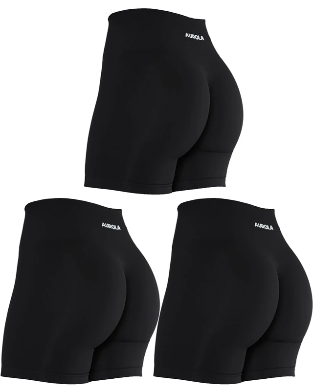 AUROLA Intensify Workout Shorts for Women Seamless Scrunch Short Gym Yoga Running Sport Active Exercise Fitness Shorts, Black(3 Pieces Pack), S