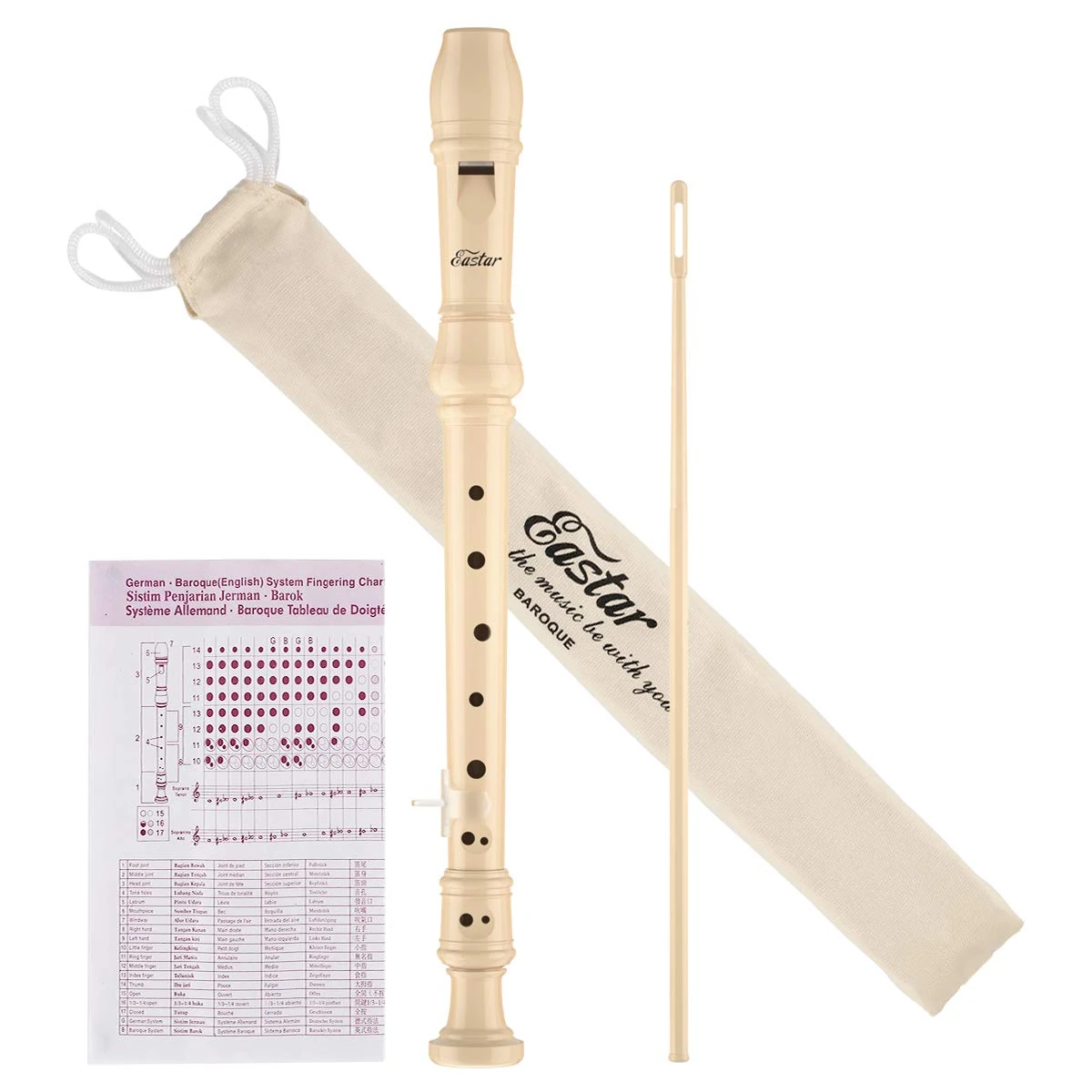 Eastar Soprano Recorder Instrument for Kids Beginner, Baroque Fingering C Key with Cleaning Kit, Thumb Rest, Cotton Bag, Fingering Chart, ERS-21BN, Natural, School-Approved