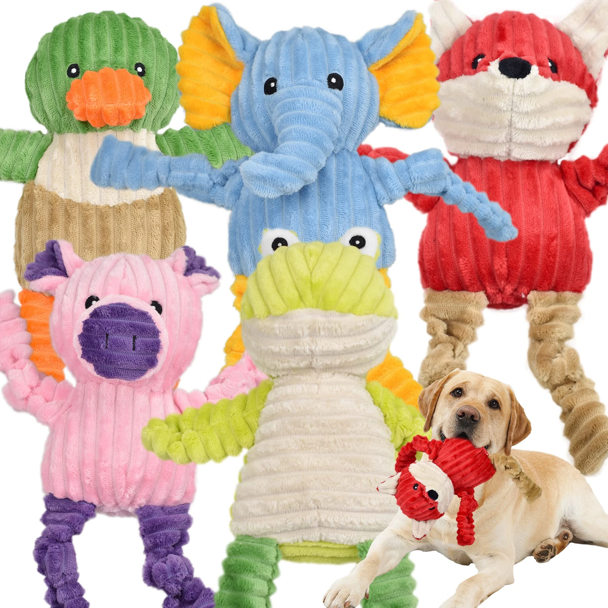 LECHONG 5-PACK Squeaky Dog Toys, Cute Tough Plush Animal Dog Toys for All Breed Size Aggressive Chewers, Cuddly Soft Stuffed Dog Chew Toys Bundle for Large Medium Small Puppy Dogs