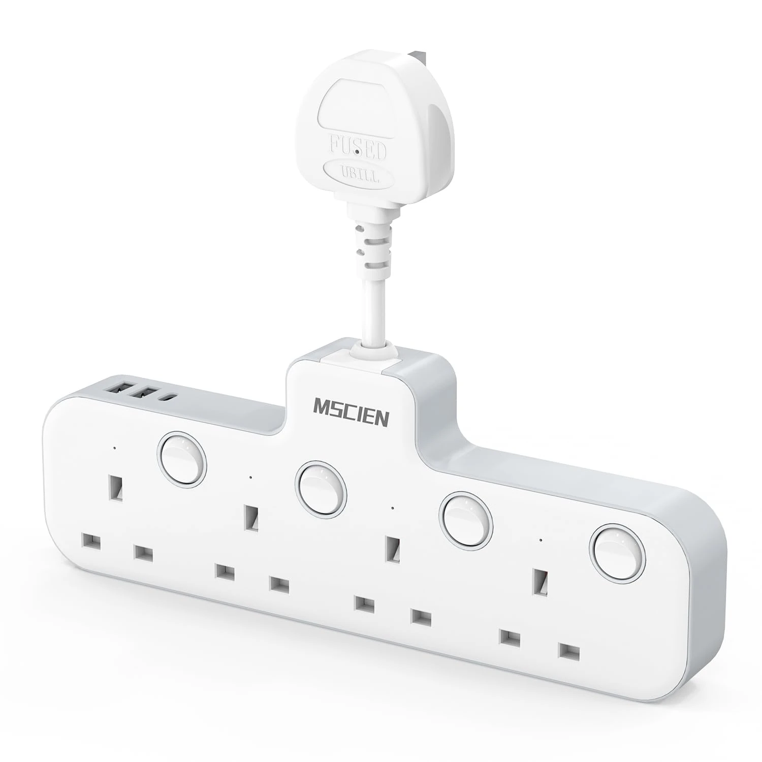 Mscien Multi Plug Extension Socket with USB, 4 Way Plug Adapter, Hanging Plug Extender with Switches for Home, Office, Multiplug Wall Socket Extension