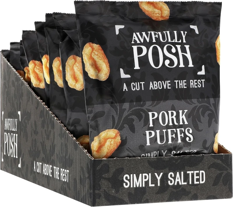 Awfully Posh Pork Puffs (8x30G) | Simply Salted Delightful Pork Puffs Snack | Made Using Prime Cuts, No Nasties | A Bag of Light and Airy Bites of Meaty Goodness | A Cut Above the Rest!