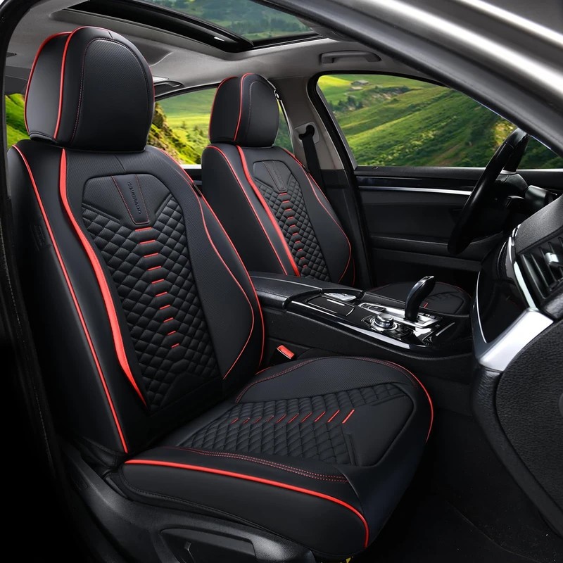 Coverado Seat Covers Full Set, Waterproof Nappa Leather Seat Covers for Cars, 5 Seats Universal Car Seat Protectors, Car Seat Cushions Premium Car Interiors Fit for Most Vehicles Suvs (Black&Red)