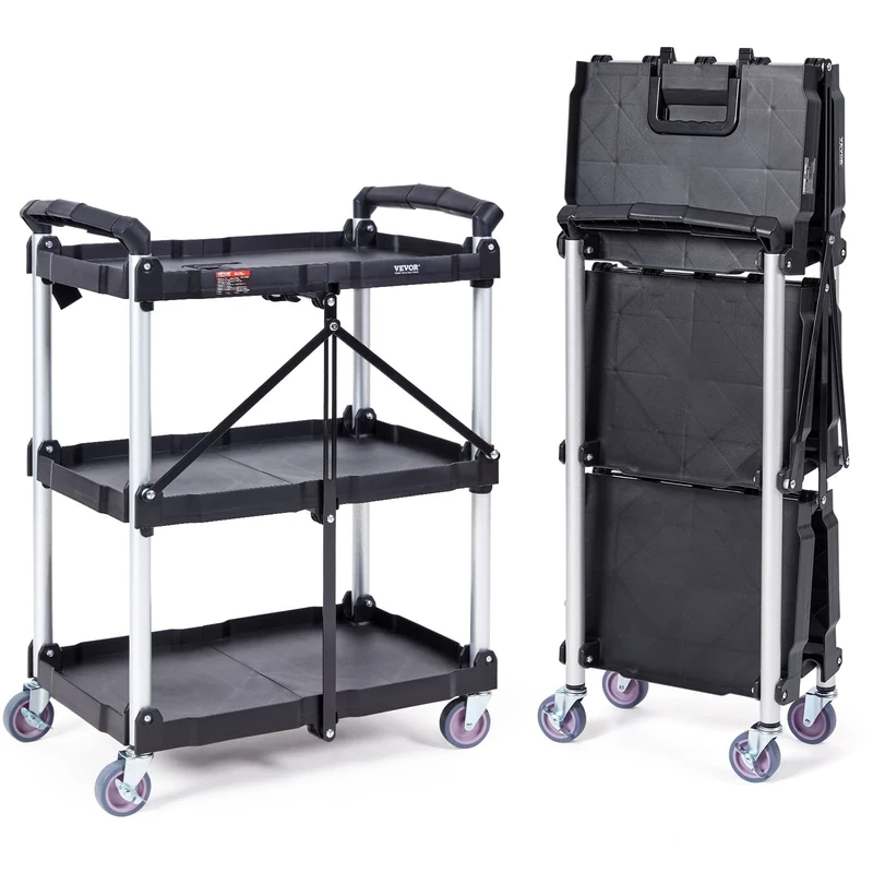 VEVOR Foldable Utility Service carry, 3 Shelf 165LBS Heavy Duty Plastic Rolling carry with Lockable Wheels, Ergonomic Handle, Portable Garage Tool carry for Warehouse/Office/Home(25.62"x15.43"x32.76")