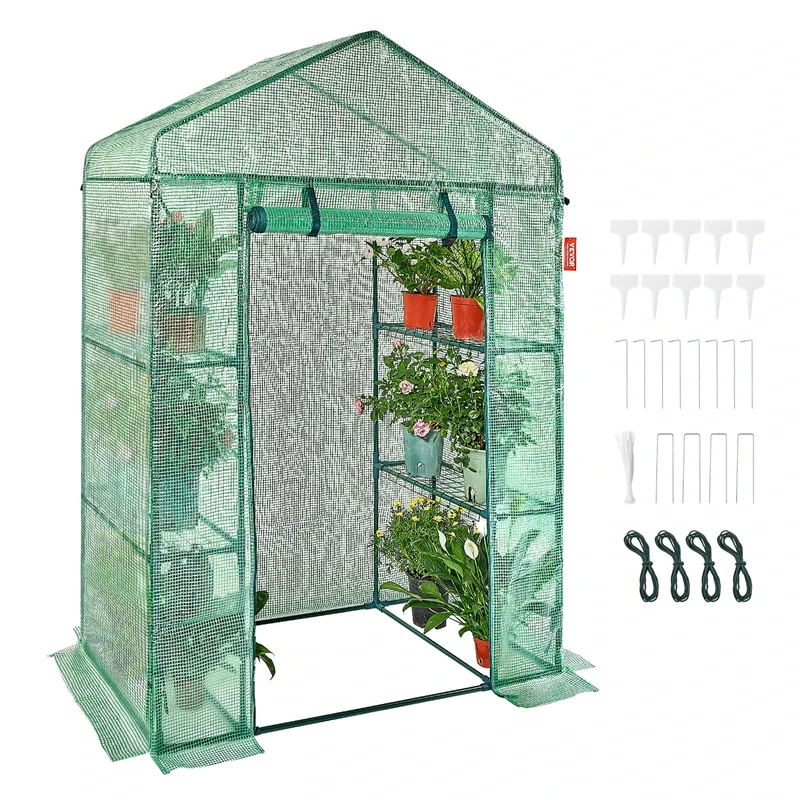 VEVOR Walk-in Green House, 4.6 x 2.4 x 6.7 ft Greenhouse with Shelves, Set Up in Minutes, High Strength PE Cover with Door & Windows and Steel Frame, Suitable for Planting and Storage, Green