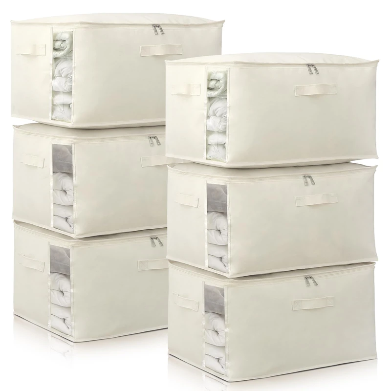 Canvas Comforters Bags Closet Organizers and Storage for Quilts Clothes Organization Containers Bins with Sturdy Zipper, Clear Window 75L for Sweaters Blankets Storage Bedroom Collapsible 6Pack