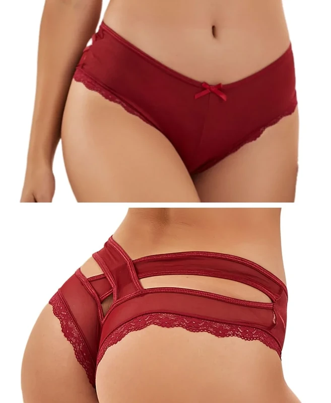 ohyeahlady Women's Underwear Lace Thongs Sexy Cross Backed Cheeky Knickers Panties Ladies Bikini Briefs Red French Knickers Size 12 14