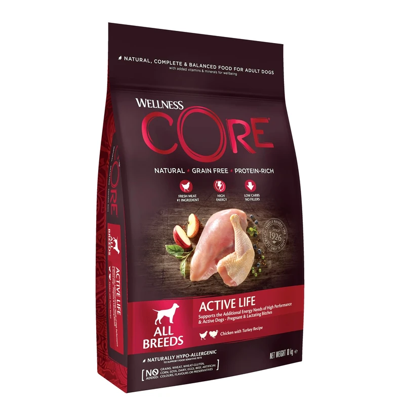 Wellness CORE Active Life 10 kg, Chicken & Turkey – Dry Dog Food for All Dog Breeds, Grain-Free, Natural, Hypoallergenic, Protein-Rich, High Meat Content, Supports Active Dogs & Lactating Bitches