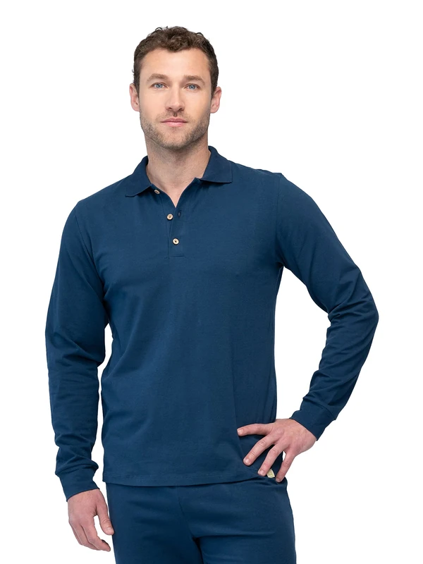 greenjama Men's Long Sleeve Polo Collar Pyjama Top, Ultramarine, L