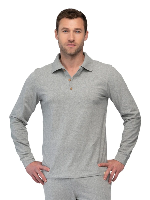 greenjama Mens Long Sleeve Polo Collar Pyjama Top, Gray, S