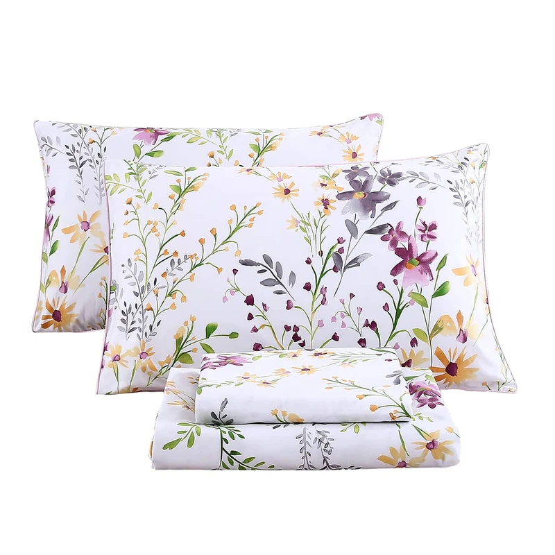URBONUR Garden Floral Sheets Set 4-Pieces Egyptian Cotton Luxurious Bedding Sheet Set Soft Silky Crisp Percale Sheets Shabby Chic Flowers Bed Linen Set (4Pcs, King Size)