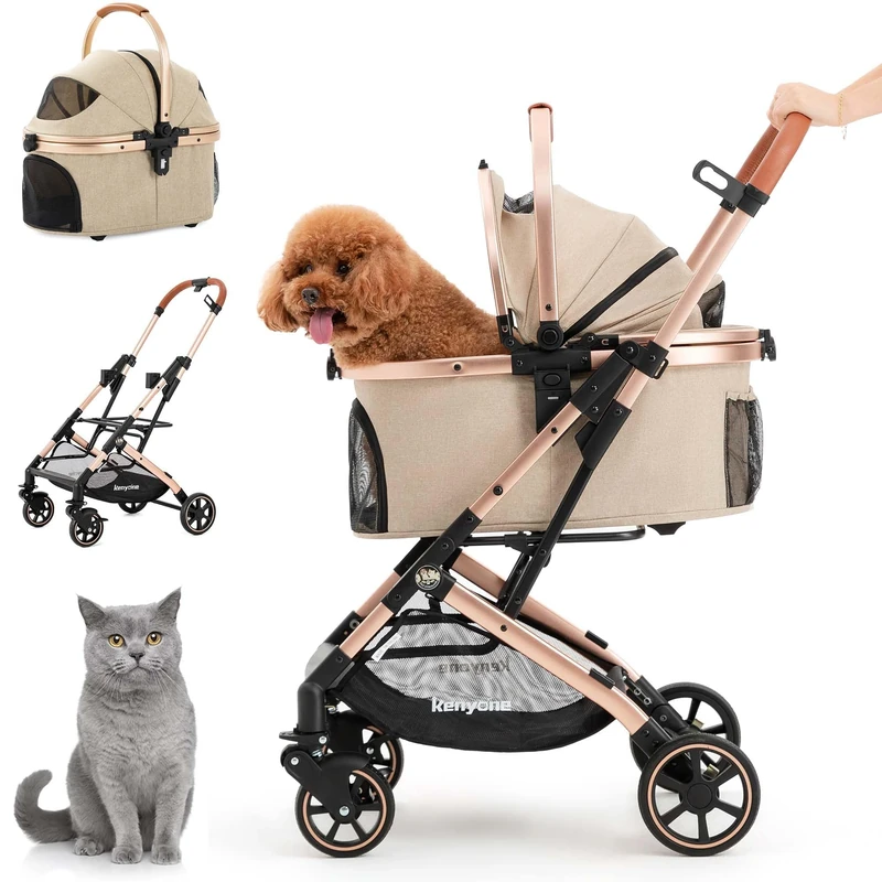 Kenyone 3-in-1 Pet Stroller for Small Medium Dogs Puppy Cat Stroller with Detachable Carrier & Pad Lightweight Foldable Aluminum Alloy Frame Dual No-Zip Entry(Khaki)