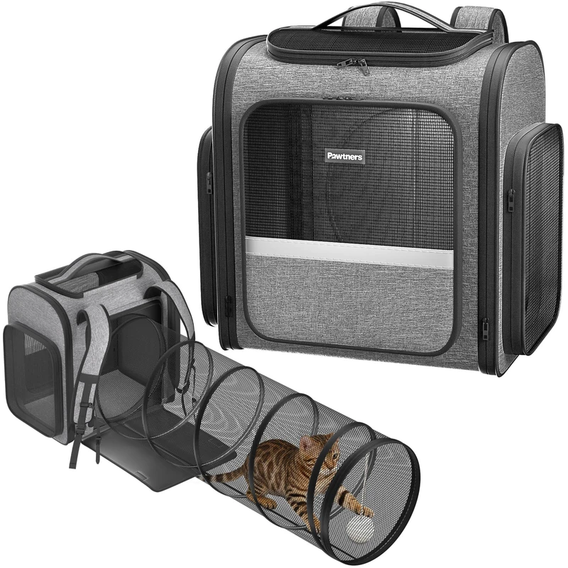 Pawtners Cat Carrier Backpacks with Expandable Cat Play Tunnel, Airline Approved Pet Backpack for Small Dogs & Large Cats Up to 25 Lbs, Foldable Cat Travel Carrier for Vet Hiking Camping-Grey
