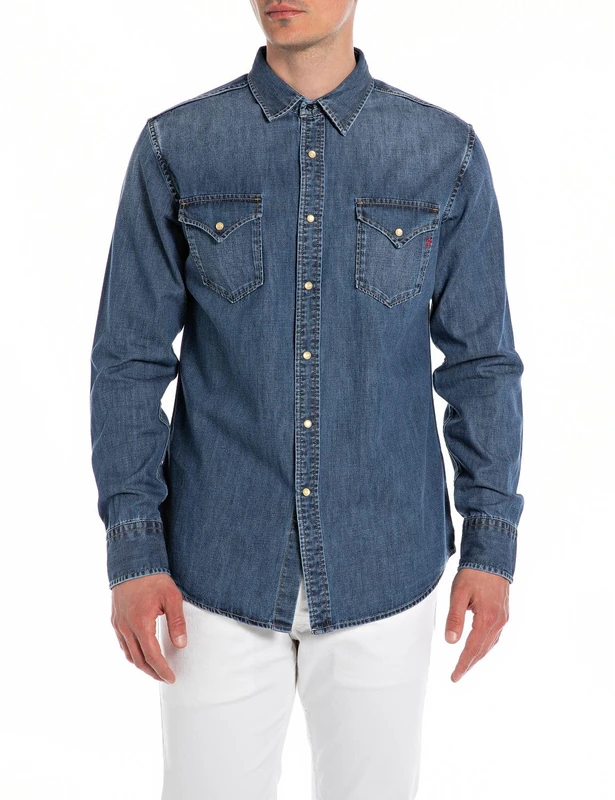 Replay Men's Cotton Denim Shirt, Blue (Medium Blue 009), XS